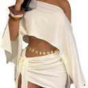 JYAOVO Women's 2 Piece Outfits Batwing Off Shoulder Irregular Crop Top and Mini Skirt Set Sexy Matching Sets (White, S)