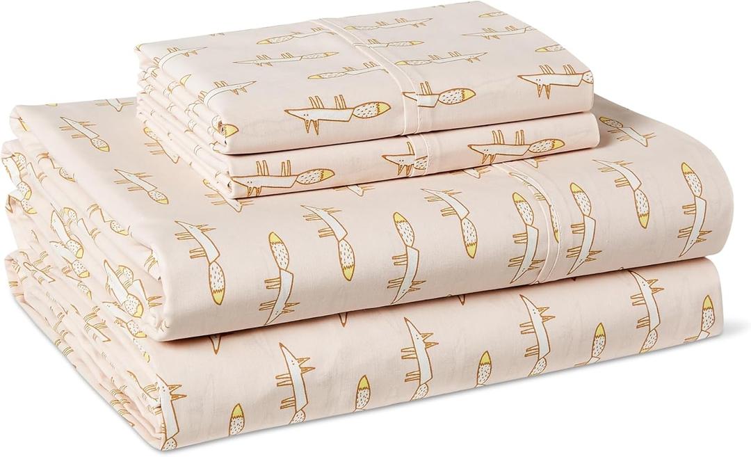 Amazon Basics 100% Organic Cotton Kids' Sheet Set with Pillowcase, Full Size, Pale Pink Fox
