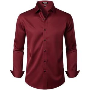 JEMITOP Men's Stretch Wrinkle Free Dress Shirt Formal Prom Wedding Long Sleeve Button Down Shirts Large, Maroon 