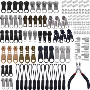 210Pcs Zipper Repair Kit Replacement Sliders Zip Bottom/Top Stop Latch Slider Retainer Insertion Pins Nylon Zipper Pulls Install Pliers Tool for Clothing Jackets Luggage Bags and Outdoor Gear