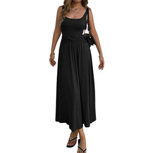 Mieazom Women's Summer Mock Knot Front Maxi Dress Sleeveless Square Neck Corset Ruched Waist Emipre Flowly Casual Dresses, Small, Black