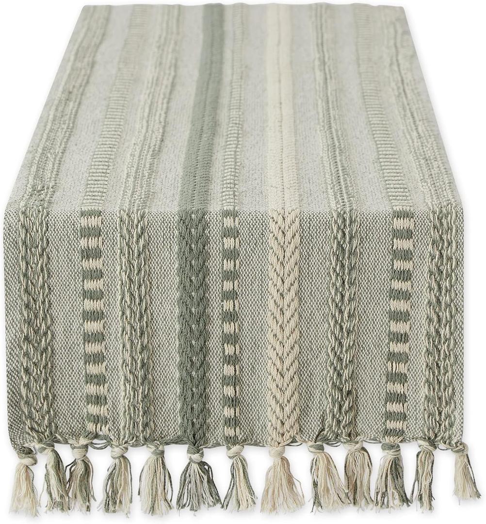 DII Farmhouse Braided Stripe Table Runner Collection, 15x108 (15x113, Fringe Included), Artichoke Green