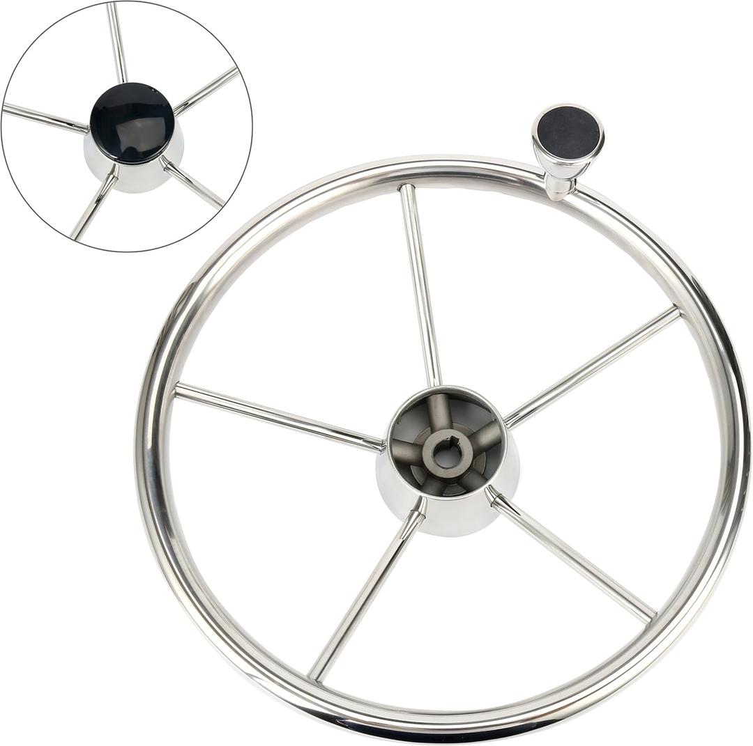 Amarine Made 5-Spoke 13-1/2 Inch Destroyer Style Stainless Boat Steering Wheel with M Size Knob - 9310SRF1