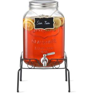 2 Gallon Glass Beverage Dispenser with Stand and Lid, 18/8 Stainless Steel Spigot - Glass Drink Dispensers for Parties - Mason Jar Drink Dispensers with Lids