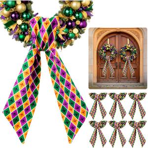 2 x XunYee 6 Pcs Mardi Gras Wreath Sash for Front Door Green Purple Gold Wreath Sash for Mardi Gras Fat Tuesday Carnival Party Door Wall Decoration