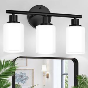 Zarbitta 3-Light Bathroom Light Fixtures, Black Modern Vanity Lights with Milky White Frosted Glass Shades, Bathroom Wall Lamp for Mirror Kitchen Living Room Hallway Cabinet Porch