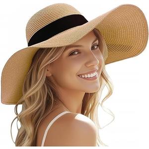 Beach Hats for Women - Sun Hat Womens, Wide Brim Straw Womens Sun Hat with Wind Lanyard Roll Up, Foldable Beach Hat UV Protection