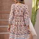 Qearal Women's Casual V Neck 3/4 Sleeve Boho Floral Printed Loose Short Flowy Summer Beach Vacation Dress (XX-Large, Coffee White)