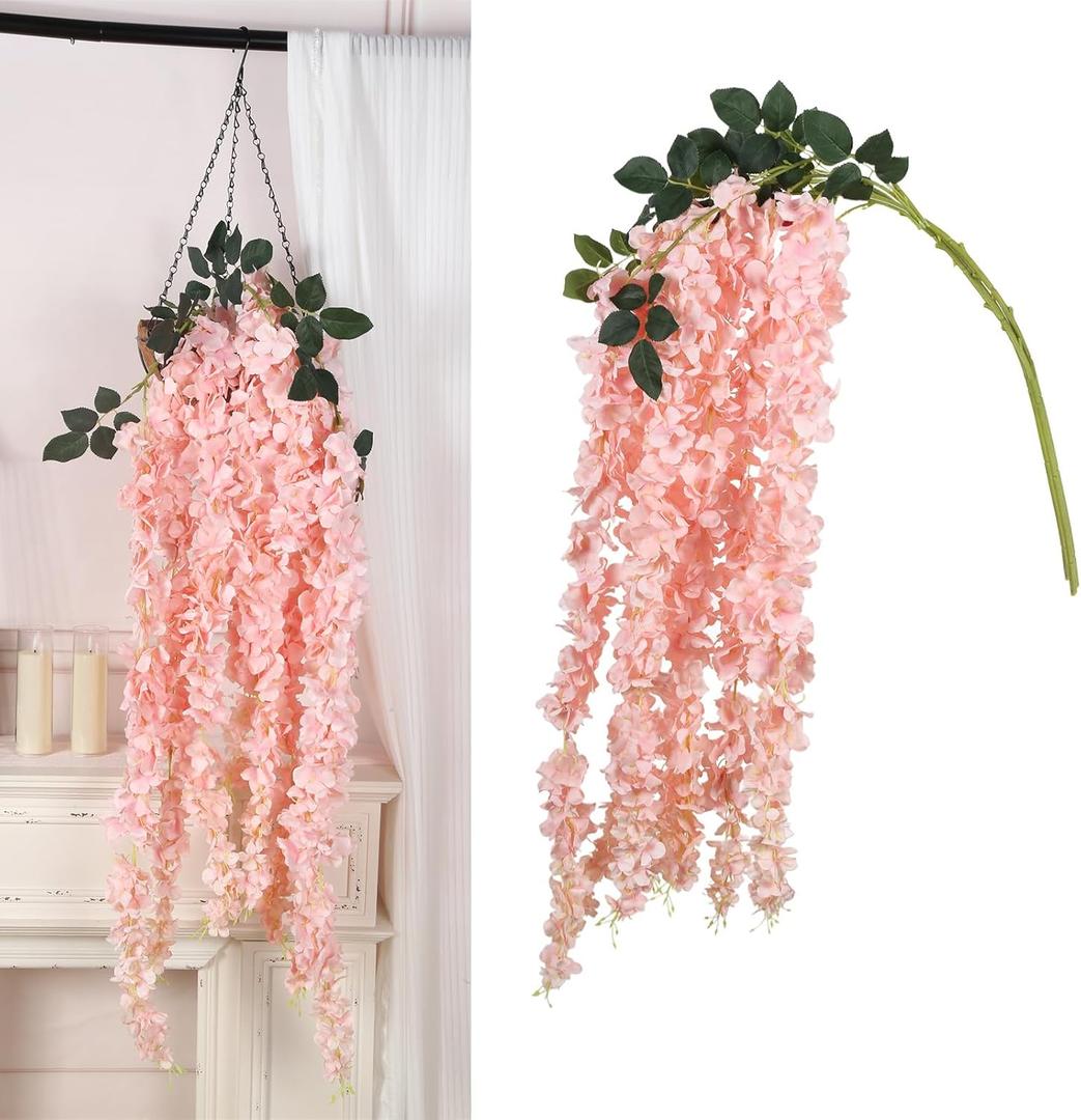 IPOPU Pink Wisteria Hanging Flowers 5.25FT  Artificial Hanging Wisteria Vine Garland for Wedding Flowers, Backdrop, Garden Party, Flower String Decorations, 3 Packs