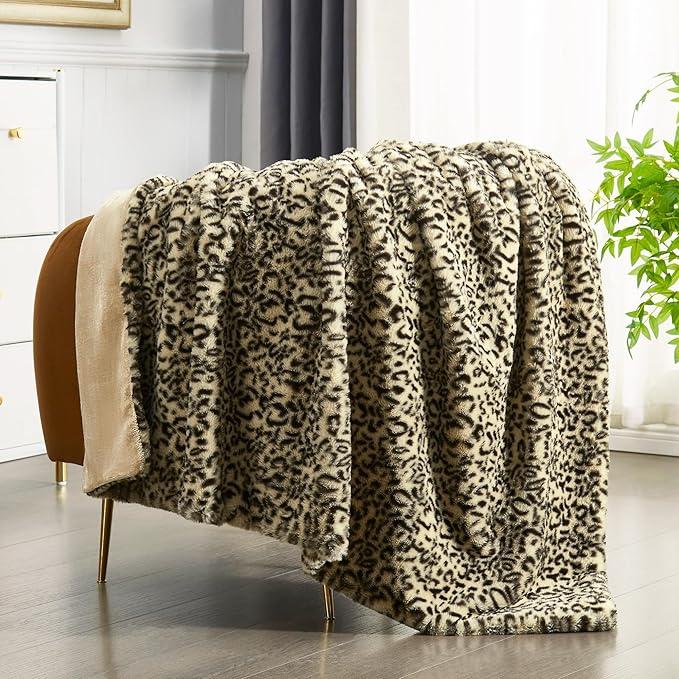 JONIYEAR Decorative Brown Leopard Print Faux Rabbit Fur Throw Blanket for Couch 50" x 60",Double Sided Soft Thick Warm Cheetah Blankets for Winter, Cute Cozy Plush Animal Printed Blanket for Women