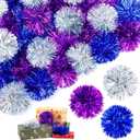 Yunlly 40 Pcs 4 Inch Christmas Tinsel Bows for Gift Wrapping Self Adhesive Pom Poms Colored Tinsel Bows for Crafts Present Baskets Christmas Tree Decoration (Purple, Silver, Blue)