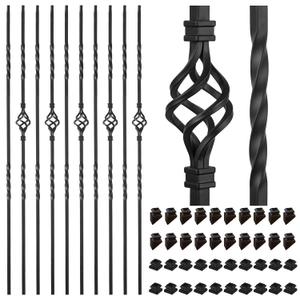 20 Pack Staircases Iron Balusters -1/2'' Square Hollow Metal Spindles with Single Basket and Double Twist Design, Includes 20 Flat Shoes & 20 Angle Shoes