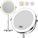 Makeup Mirror with Lights, 1x/20x 360 Rotation Vanity Mirror, Brightness Adjustable Lighted Makeup Mirror with Magnification, 5000 mAh Rechargeable Double Sided Mirror with 3 Colors, Gift for Women