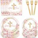 Baptism Plates and Napkins First Holy Communion Party Decorations, Boho God Bless Floral Mi Bautizo Christening God Bless Supplies for 24