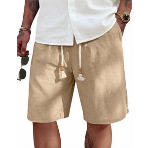 COOFANDY Men's Linen Shorts Casual 9"/ 7" Elastic Waist Drawstring Summer Beach Shorts (Large, 1 Dark Khaki)