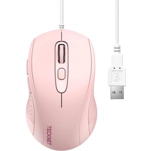 TECKNET USB Wired Mouse, 3600DPI Corded Computer Mouse with 4 Adjustable Levels, 6-Button 5FT Cord Ergonomic Mice, Home and Office Mouse for Laptop PC Desktop Notebook - Pink