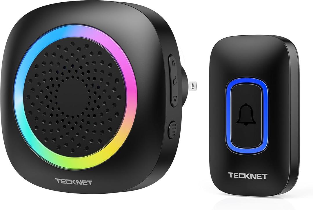 TECKNET Plug-in Wireless Doorbell with RGB Lighting & 1300 Feet Range,IP66 Waterproof Doorbell for Home/Classroom/Office/Business,60 Chimes,5-Level Volume,4.5-Year Battery Life(Black)