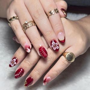 30Pcs Red Almond Press on Nails Short Fake Nails with Flower Steel Ball Design French Tip Nails Press ons Artificial False Nails Spring Flower Stick on Nail Full Cover Glue on Nail for Women Manicure