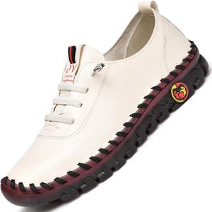 Women's Leather Soft Bottom Beef Tendon Flat Loafers Handmade Slip On Breathable Round Head Non-Slip Mom Wedge Leisure Shoes (9, White)