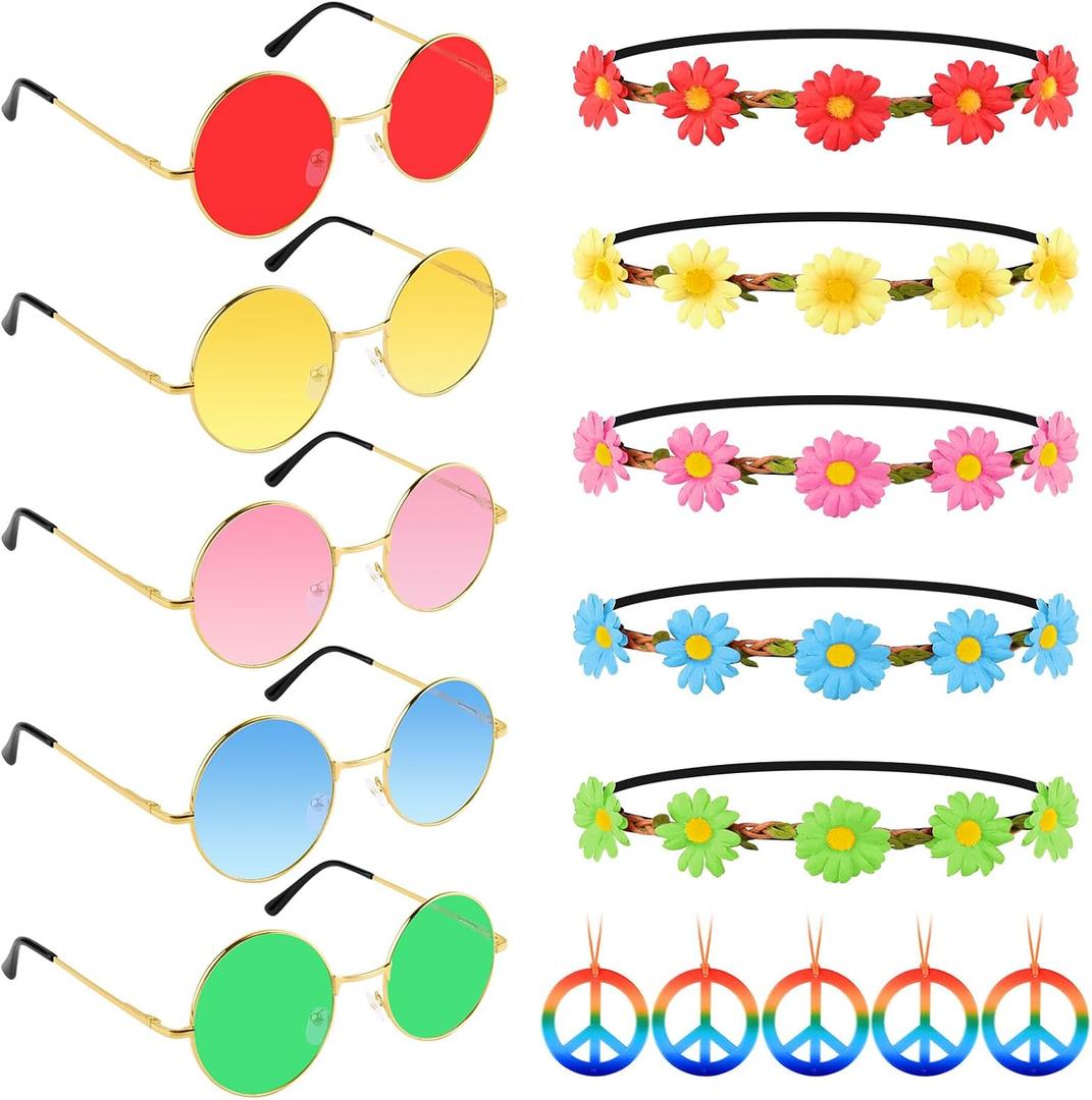Morcheiong 60 Pcs Hippie Accessory Set Includes Multicolor Daisy Flower Headbands, Round Sunglasses and Peace Sign Necklaces for 60s 70s Party Supplies