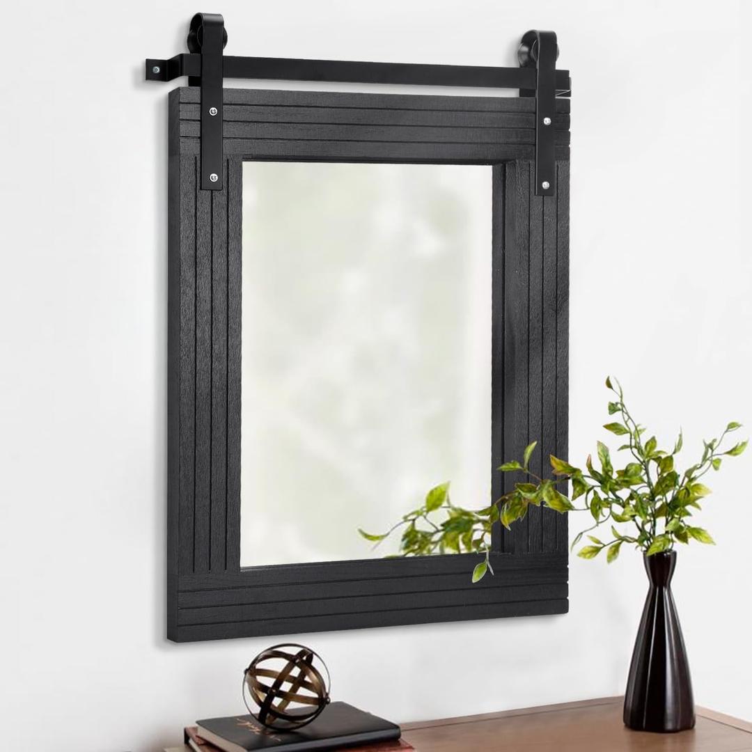 AAZZKANG Black Framed Wall Mirror Large Barn Door Style Wood Mirrors Rectangle Decorative for Bathroom Bedroom Living Room Entryway Home Decor 20"x16"