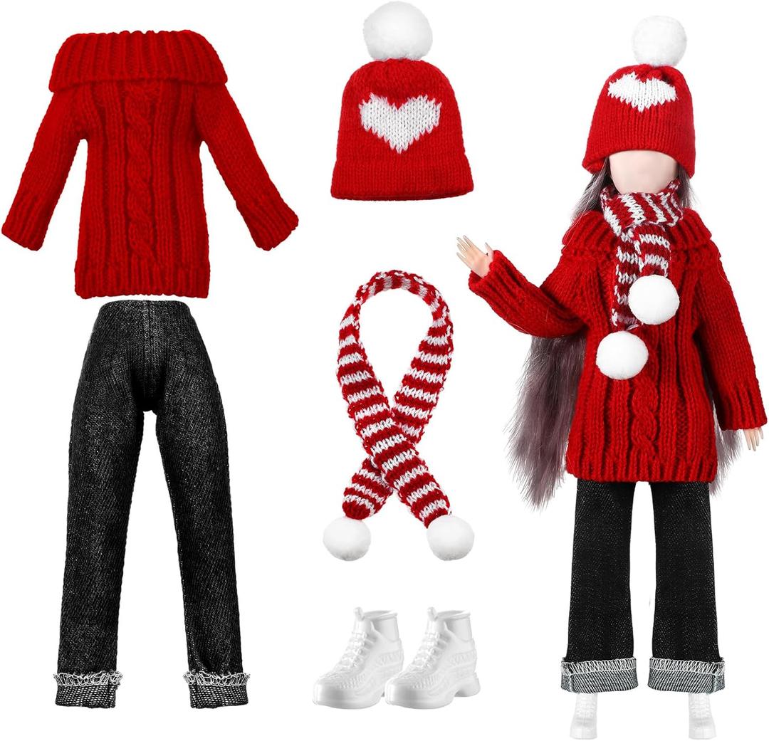 Geyoga Winter 11.5 Inch Doll Clothes Girl Doll Accessories Winter Outfits Set Including Sweaters, Denim Pants, Hats, Scarves, Shoes for 11.5 Inch Girl(Red)