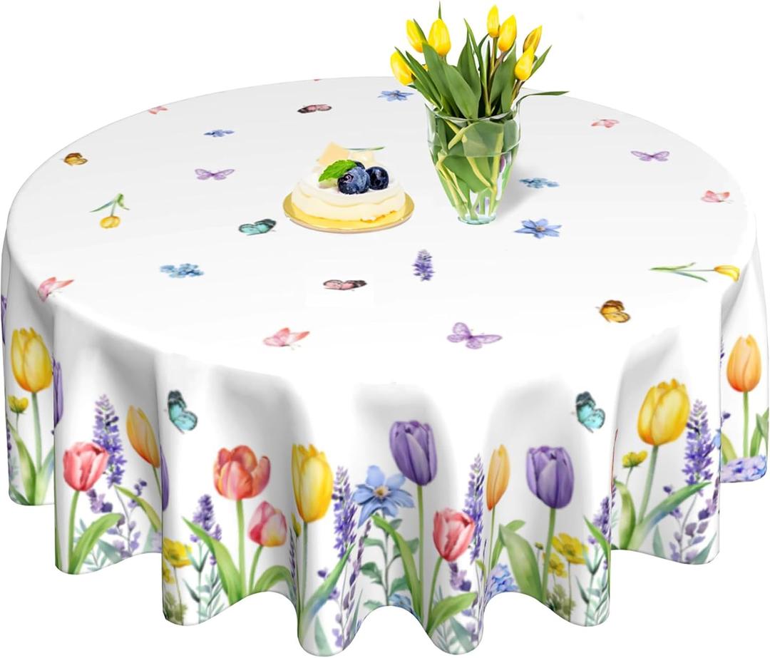 KORVITA Spring Flower Round Tablecloth 60inch Tulip Floral Watercolor Butterfly Tablecloths for Farmhouse Home Rustic Living Room Indoor and Outdoor Round Tables Decorations