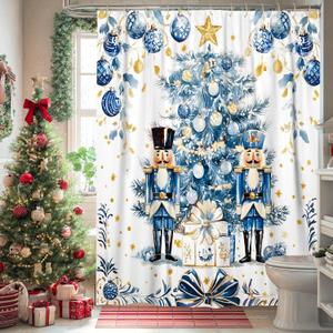 Nutcracker Shower Curtain, Blue White Christmas Tree Holiday Decor, Winter Festive Modern Art Waterproof Fabric Bathroom Curtain with Hooks 72x96 Inch