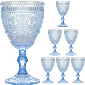 Vintage Wine Glasses Set of 6, 10 oz Glass Goblets Wine Glassware, Romantic Wedding Glass Set, Drinking Stemware Beverage Cups for Wedding Party Bar, Embossed Design, Blue