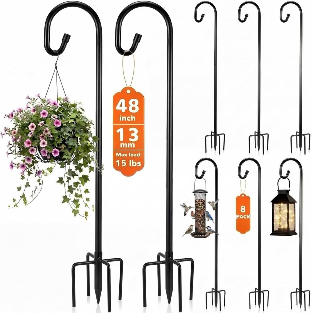 Therwen 8 Pack 48 Inch Heavy Duty Shepherds Hooks for Outdoor 1/2 Inch Thick Adjustable Rust Resistant Shepherds Hooks with 5 Prong Base Metal Bird Feeder Pole for Hanging, Plants, Solar Lights, Black