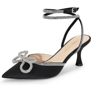 DREAM PAIRS Kitten Heels Rhinestone Bow Ankle Strap Stiletto Pointed Closed Toe Heels for Women Pumps Wedding Bridal Party Dress Shoes (7, Black)