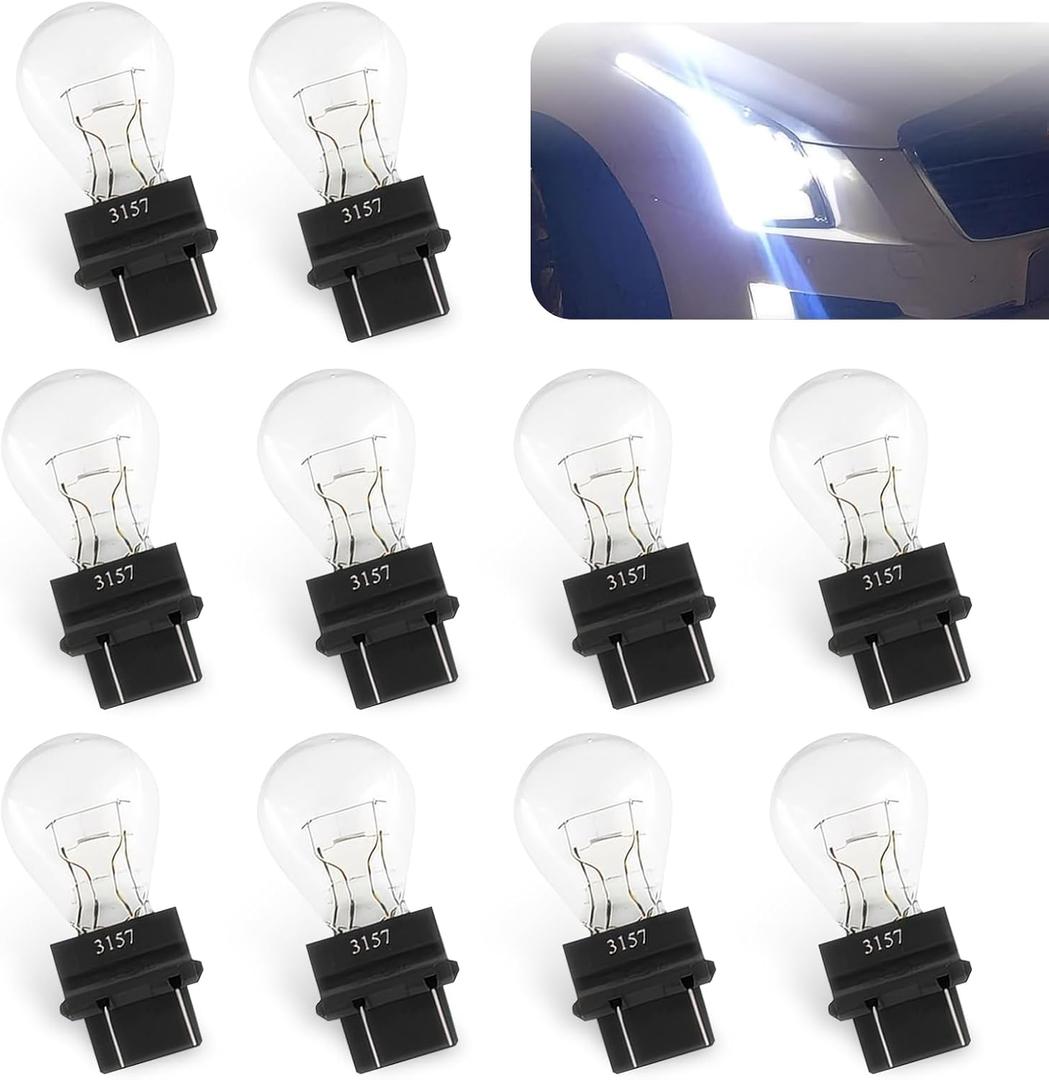 Pack-10 Car 3157 12V 21/5W Brake Light Bulb, Waterproof 360 Degrees Super Bright Lighting Accessory, Micro Quartz Glass Double Wire Plug and Play Light Bulb, Universal for Most Cars (White)