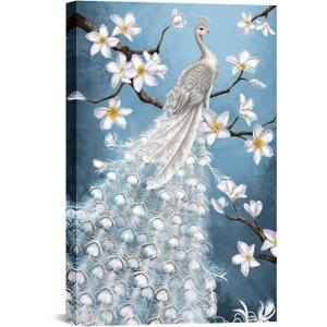 Peacock Canvas Wall Art, Peacock with White Flowers Painting Poster Print Abstract Vintage Peacock Picture Print for Bedroom Living Room Decor(Artwork-03, 24"x36")