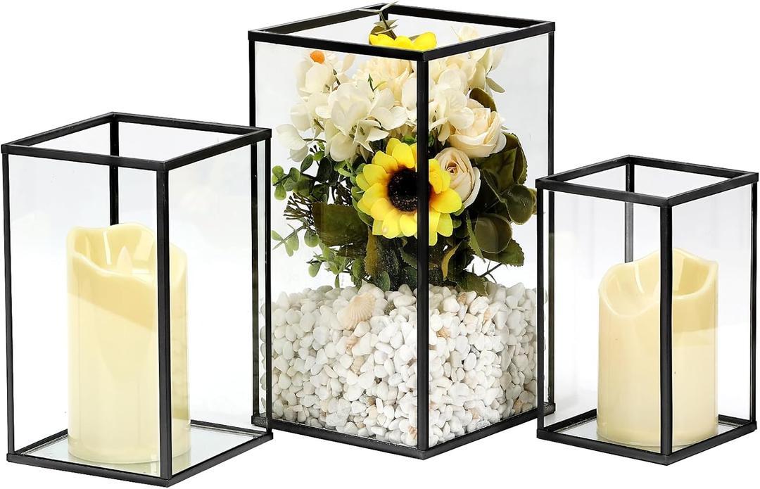 PHOSPHOR Hurricane Glass Candle Holder Set of 3 Pieces Black Hurricane Candleholders for Wedding Party Holiday Birthday Home Decor Lanter