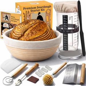 Sourdough Starter Kit for Beginners  Easy All-in-One Bread Baking Set with 9 Round Banneton Bread Proofing Basket, 24oz Glass Starter Jar & Essential Sourdough Tools  Start Baking Right Away