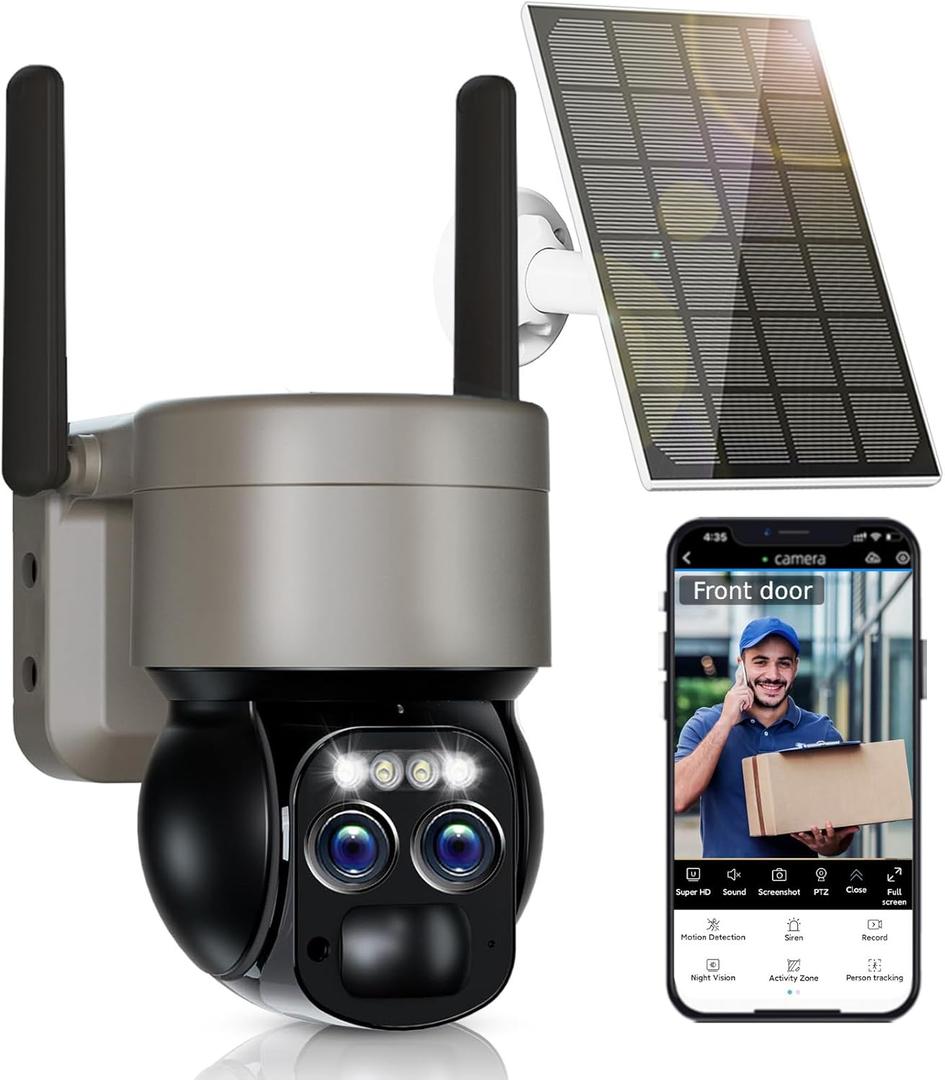 4K Solar Security Cameras Wireless Outdoor, 5GHz/2.4GHz WiFi 6, 360PTZ Outside Cameras for Home Security, Color Night Vision/PIR Motion Detection/Auto Tracking/Two-Way Audio/IP66 Waterproof/Alexa (Gold)