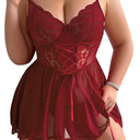 Women Plus Size Lingerie Mesh Babydoll Dress Sexy Lace Nightgown Lace Up Sleepwear Nighty with Gater Belt, Size XL