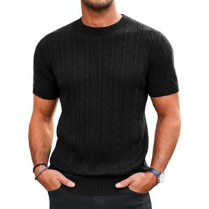 Runcati Mens Knit Short Sleeve T Shirts Casual Crewneck Slim Fit Shirt Cable Knitted Stretch Pullover Tees (Medium, Black)