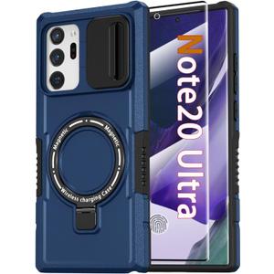 Magnetic Case for Samsung Galaxy Note 20 Ultra with Ring Stand [Compatible with MagSafe Wireless Charging] [Screen Protector] Military Grade Heavy Duty Shockproof Case with Slide Camera Cover, Blue