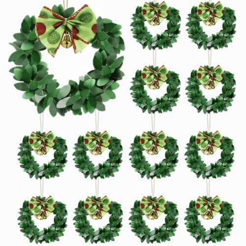 Syhood 12 Pcs Mini Christmas Wreaths for Cabinets with Gold Bells Small Kitchen Xmas Decor Christmas Cabinet Wreaths Ornament for Kitchen Chair Fireplace Farmhouse Home Decor(3.15 Inch, Green Bowknot)