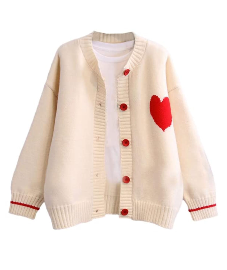FindThy Women's Cute Cardigan Sweater Kawaii Love Heart Print Y2K Button Knitted Outerwear M