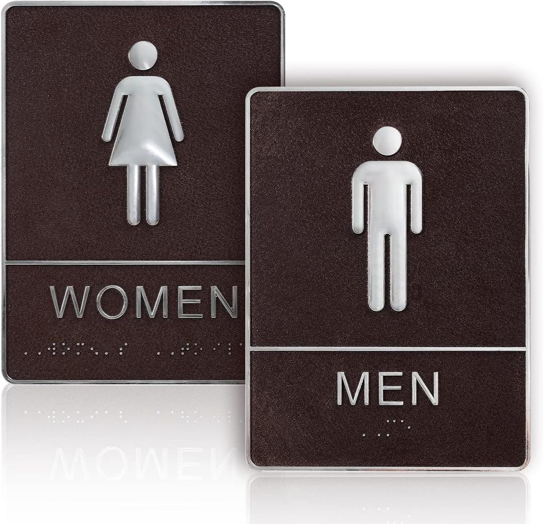 Men and Women Restroom Sign with Braille, 2pcs Restroom Sign for Business Bathroom Signs with Double Sided Tape for Business Company Home Hotel Shopping Mall (Brown)