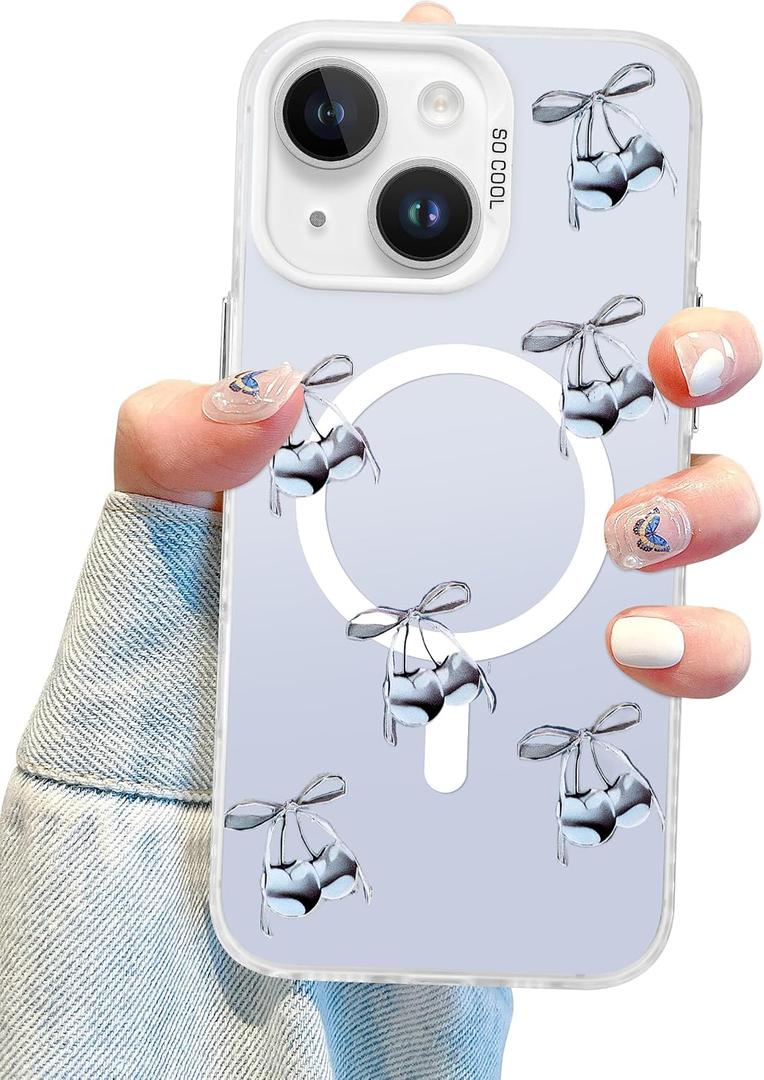 Aitipy Magnetic for iPhone 13/14 Case, Cute Sliver Cherry Pattern [Compatible with MagSafe], Aesthetic Trendy Slim Shockproof Protective Phone Cover for Women Girls