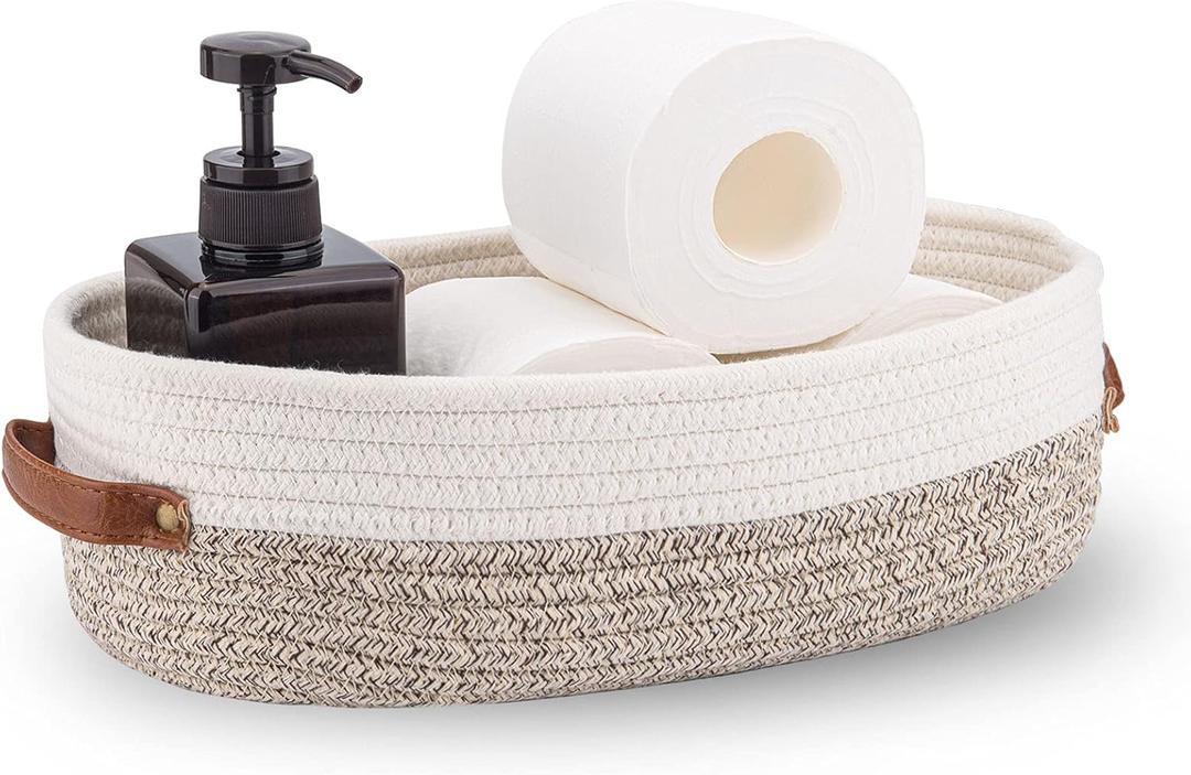 Woven Storage Basket for Toilet Tank Top, Farmhouse Home Decor Organizing Basket for Bathroom, Table and Counter 13"x5.9"x4" Apricot Stitching White