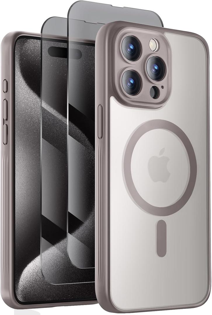 Designed for iPhone 15 Pro Case, Compatible with MagSafe, with Privacy Screen Protectors X2, [Camera Protection] [15FT Military Drop Protection] Shockpoof Phone Case, 6.1'', Natural Titanium