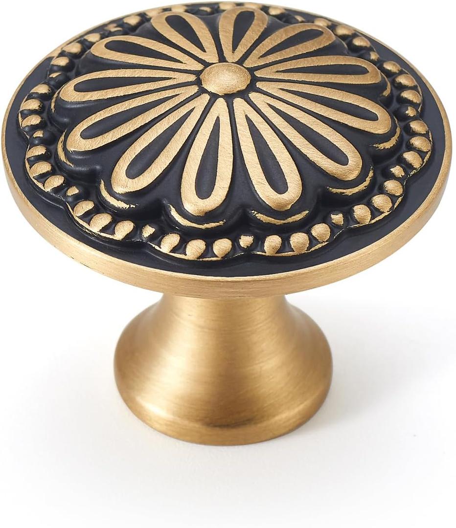Black and Brushed-Gold Cabinet-Knobs - 5 Pack Flower Brass Drawer Pulls for Dresser Cabinet Hardware