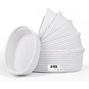 MTZRFLL 6 PCS Multiple Sizes Woven Storage Basket Set, Cotton Rope Small Empty Gift Basket for Organizing Shelves, Baby Nursery, Cute Decorative Dog Cat Toy Bin Bathroom Bin, White
