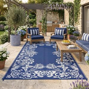 Garvee Outdoor Rugs 8x10 Waterproof Reversible Mats, Large Area Plastic Straw Rug, Outside Carpet, Butterfly Floral Rv Mat for Patio Camping Picnic Backyard Deck Balcony Porch Beach Trailer