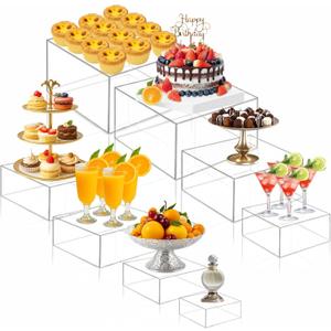 Geelin 8 Pack Acrylic Buffet Risers - 3 to 10 Inch Decorative Cube Boxes, Display Stands with Hollow Bottoms for Food Jewelry Table Display Supplies(Clear,Flat)