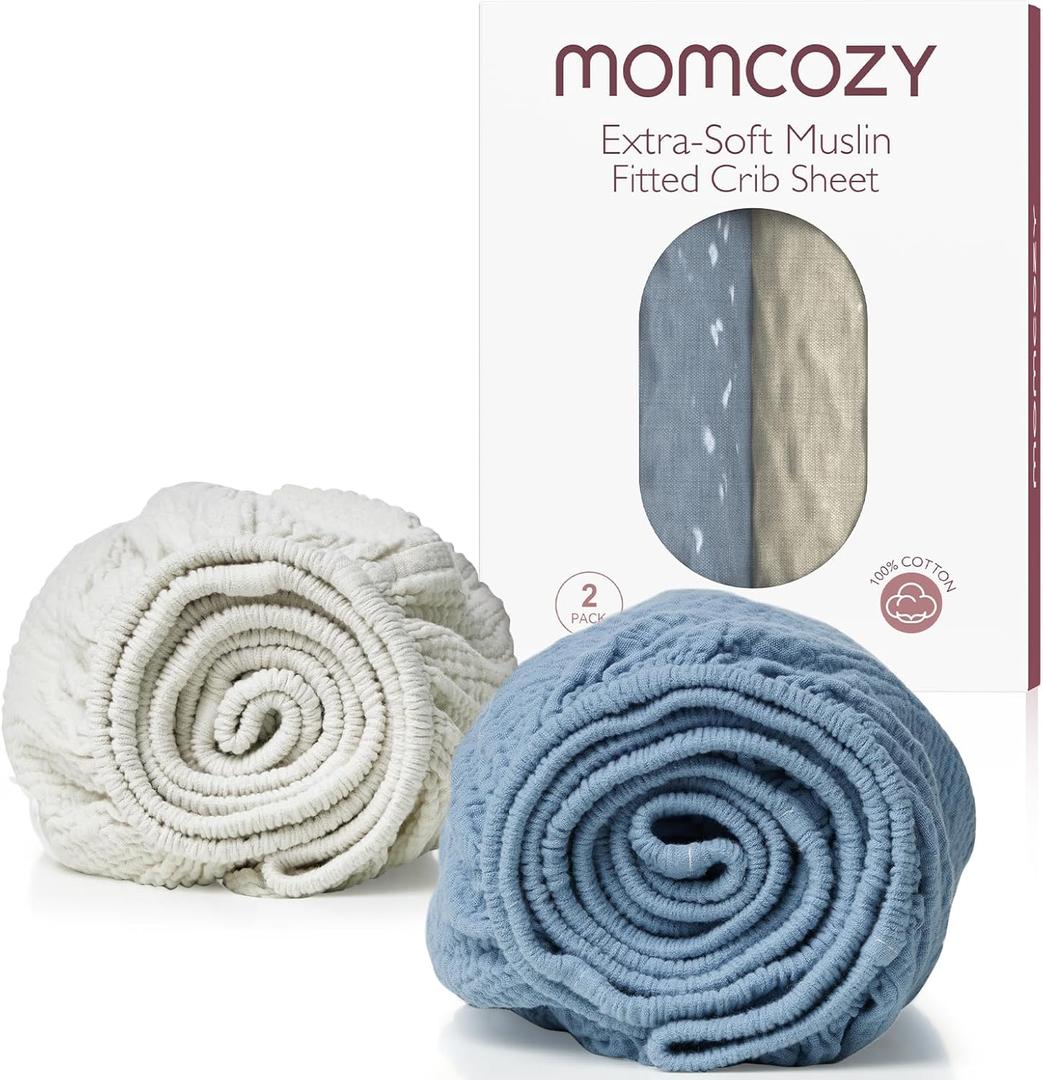 Momcozy Muslin Standard Fitted Crib Sheets, 52"x28", 2 Pack Soft Breathable Natural Cotton Baby Mattress Sheet, 360 Mattress Wrapping No Slip Boys Girls Neutral Toddler Bed Sheet, Grey Blue